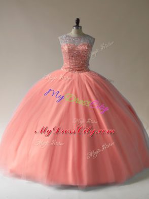 Free and Easy Peach Scoop Neckline Beading Quinceanera Gown Sleeveless Lace Up