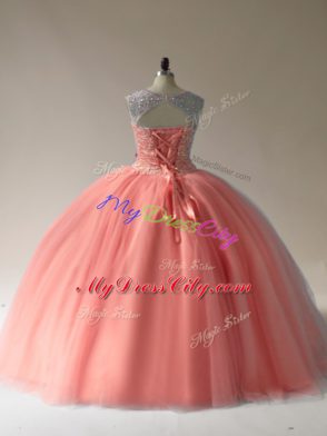 Free and Easy Peach Scoop Neckline Beading Quinceanera Gown Sleeveless Lace Up