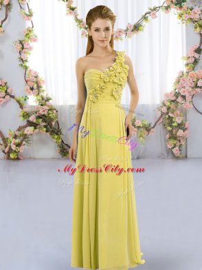 Most Popular Floor Length Yellow Green Bridesmaid Gown One Shoulder Sleeveless Lace Up