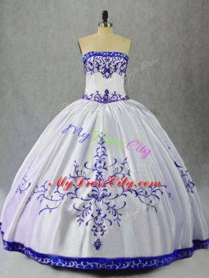 Ball Gowns Quince Ball Gowns Blue And White Strapless Satin Sleeveless Floor Length Lace Up