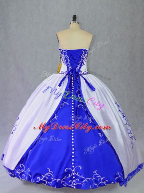 Ball Gowns Quince Ball Gowns Blue And White Strapless Satin Sleeveless Floor Length Lace Up