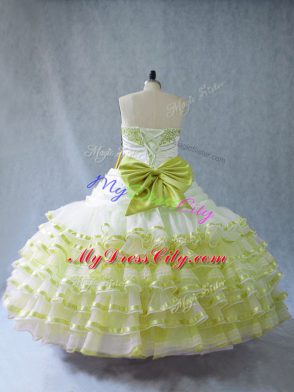 Fabulous Yellow Green Ball Gowns Sweetheart Sleeveless Organza Floor Length Embroidery and Ruffled Layers Quince Ball Gowns