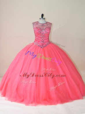 Flare Watermelon Red Lace Up Scoop Beading 15 Quinceanera Dress Tulle Sleeveless