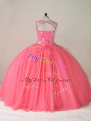 Flare Watermelon Red Lace Up Scoop Beading 15 Quinceanera Dress Tulle Sleeveless