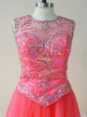 Flare Watermelon Red Lace Up Scoop Beading 15 Quinceanera Dress Tulle Sleeveless