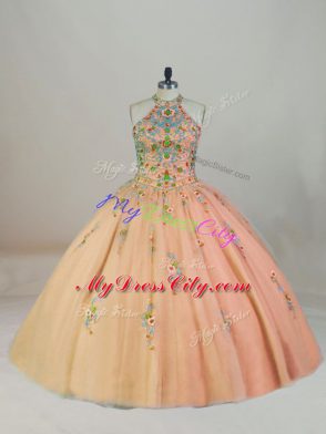 Peach Ball Gowns Tulle Halter Top Sleeveless Appliques and Embroidery Lace Up Vestidos de Quinceanera Brush Train