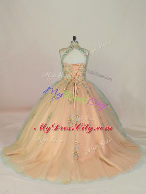 Peach Ball Gowns Tulle Halter Top Sleeveless Appliques and Embroidery Lace Up Vestidos de Quinceanera Brush Train