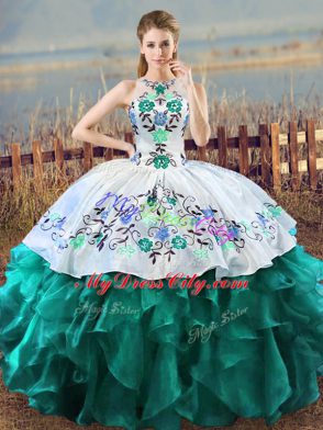 Dramatic Turquoise Organza Lace Up Sweet 16 Dress Sleeveless Floor Length Embroidery and Ruffles