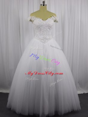 Beading and Lace Wedding Dress White Lace Up Sleeveless Floor Length