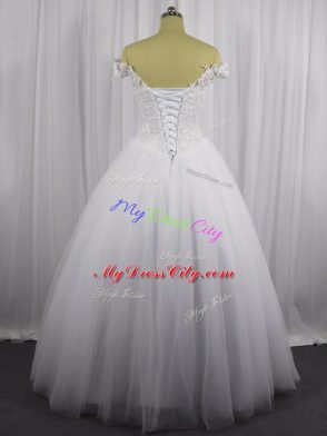 Beading and Lace Wedding Dress White Lace Up Sleeveless Floor Length