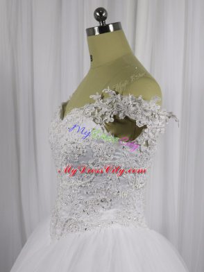 Beading and Lace Wedding Dress White Lace Up Sleeveless Floor Length