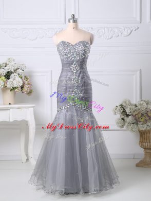 Perfect Grey Mermaid Beading and Ruching Celebrity Style Dress Zipper Tulle Sleeveless Floor Length