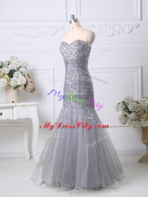 Perfect Grey Mermaid Beading and Ruching Celebrity Style Dress Zipper Tulle Sleeveless Floor Length