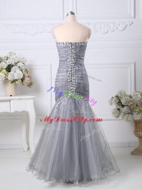 Perfect Grey Mermaid Beading and Ruching Celebrity Style Dress Zipper Tulle Sleeveless Floor Length