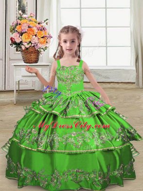 Custom Made Green Sleeveless Embroidery and Ruffled Layers Floor Length Little Girl Pageant Dress