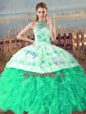 Turquoise Ball Gowns Embroidery and Ruffles Quinceanera Gown Lace Up Organza Sleeveless
