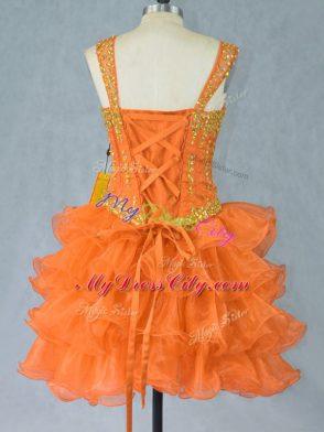 Orange Lace Up Prom Dress Beading and Ruffled Layers Sleeveless Mini Length