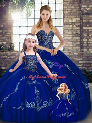 Floor Length Royal Blue Quinceanera Gowns Sweetheart Sleeveless Lace Up