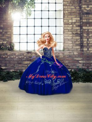 Floor Length Royal Blue Quinceanera Gowns Sweetheart Sleeveless Lace Up