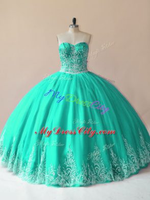 Attractive Turquoise Sleeveless Floor Length Embroidery Lace Up 15 Quinceanera Dress