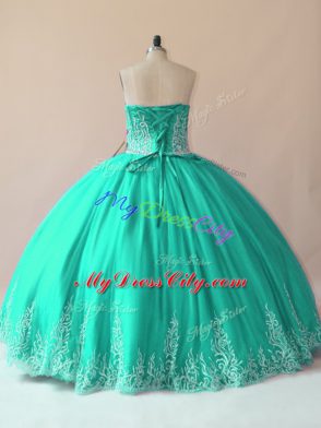 Attractive Turquoise Sleeveless Floor Length Embroidery Lace Up 15 Quinceanera Dress