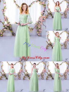 Best Floor Length Side Zipper Bridesmaids Dress Apple Green for Wedding Party with Lace and Belt