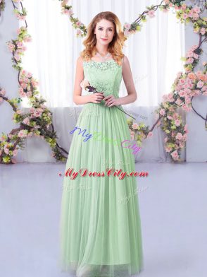Best Floor Length Side Zipper Bridesmaids Dress Apple Green for Wedding Party with Lace and Belt