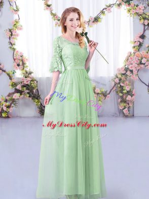 Best Floor Length Side Zipper Bridesmaids Dress Apple Green for Wedding Party with Lace and Belt