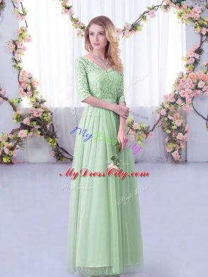 Best Floor Length Side Zipper Bridesmaids Dress Apple Green for Wedding Party with Lace and Belt