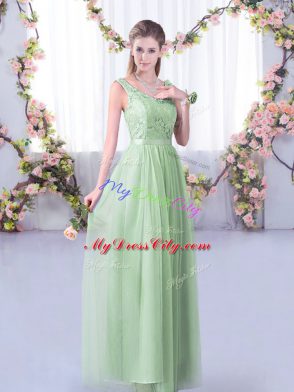 Best Floor Length Side Zipper Bridesmaids Dress Apple Green for Wedding Party with Lace and Belt