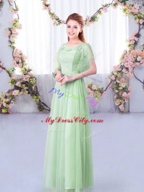 Best Floor Length Side Zipper Bridesmaids Dress Apple Green for Wedding Party with Lace and Belt