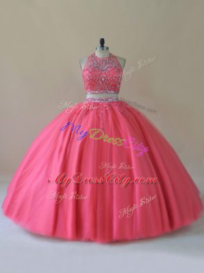 Fashionable Two Pieces Quince Ball Gowns Coral Red Halter Top Tulle Sleeveless Floor Length Backless