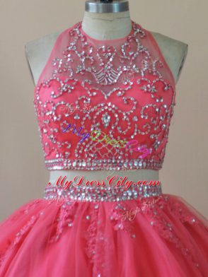 Fashionable Two Pieces Quince Ball Gowns Coral Red Halter Top Tulle Sleeveless Floor Length Backless