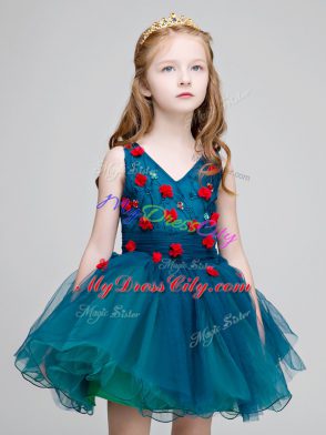 V-neck Sleeveless Organza Toddler Flower Girl Dress Lace and Appliques Zipper
