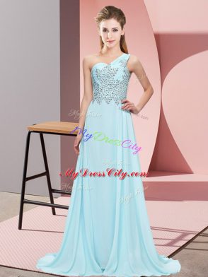Fancy One Shoulder Sleeveless Side Zipper Prom Party Dress Light Blue Chiffon