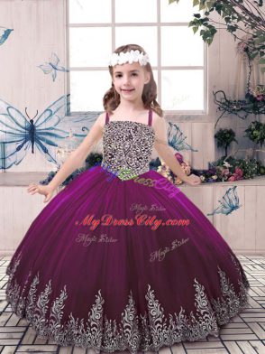 Eggplant Purple Ball Gowns Straps Sleeveless Tulle Floor Length Lace Up Beading and Embroidery Pageant Dress for Teens