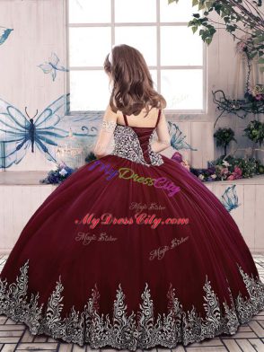 Eggplant Purple Ball Gowns Straps Sleeveless Tulle Floor Length Lace Up Beading and Embroidery Pageant Dress for Teens