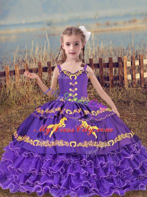 Sleeveless Floor Length Beading and Embroidery and Ruffled Layers Lace Up Pageant Dress for Girls with Lavender
