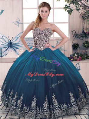 Sleeveless Tulle Floor Length Lace Up Vestidos de Quinceanera in Blue with Beading and Appliques