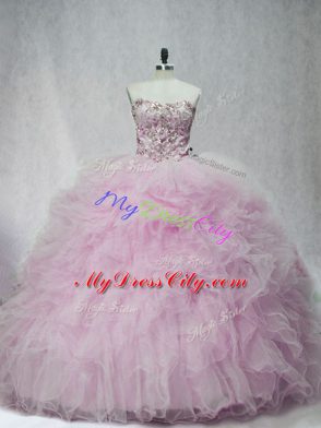 Fashion Sleeveless Tulle Brush Train Lace Up Sweet 16 Dresses in Lilac with Beading and Ruffles