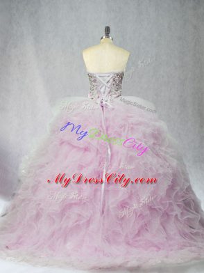 Fashion Sleeveless Tulle Brush Train Lace Up Sweet 16 Dresses in Lilac with Beading and Ruffles
