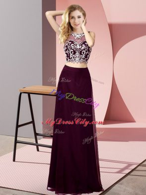 Super Two Pieces Juniors Evening Dress Burgundy Scoop Chiffon Sleeveless Floor Length Backless