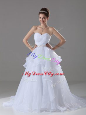 Vintage A-line Sleeveless White Wedding Gowns Brush Train Lace Up