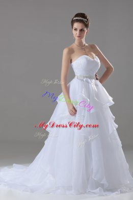 Vintage A-line Sleeveless White Wedding Gowns Brush Train Lace Up