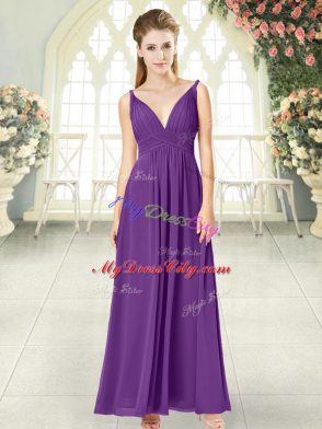 Wonderful Empire Prom Dress Purple V-neck Chiffon Sleeveless Ankle Length Zipper