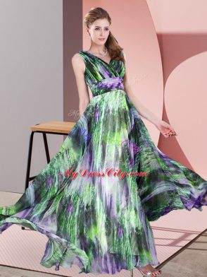 Multi-color V-neck Lace Up Pattern Prom Dresses Sleeveless