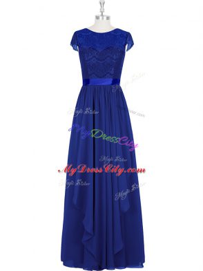 Sophisticated Floor Length Royal Blue Prom Gown Scoop Cap Sleeves Zipper