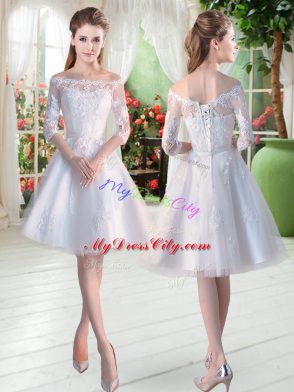 White Half Sleeves Knee Length Lace and Appliques Lace Up Evening Dress