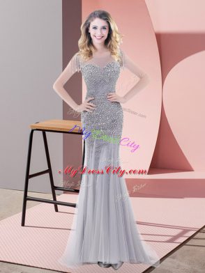 Pretty Grey Mermaid Scoop Short Sleeves Tulle Floor Length Zipper Beading Homecoming Dress