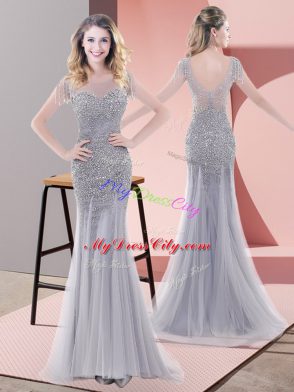 Pretty Grey Mermaid Scoop Short Sleeves Tulle Floor Length Zipper Beading Homecoming Dress